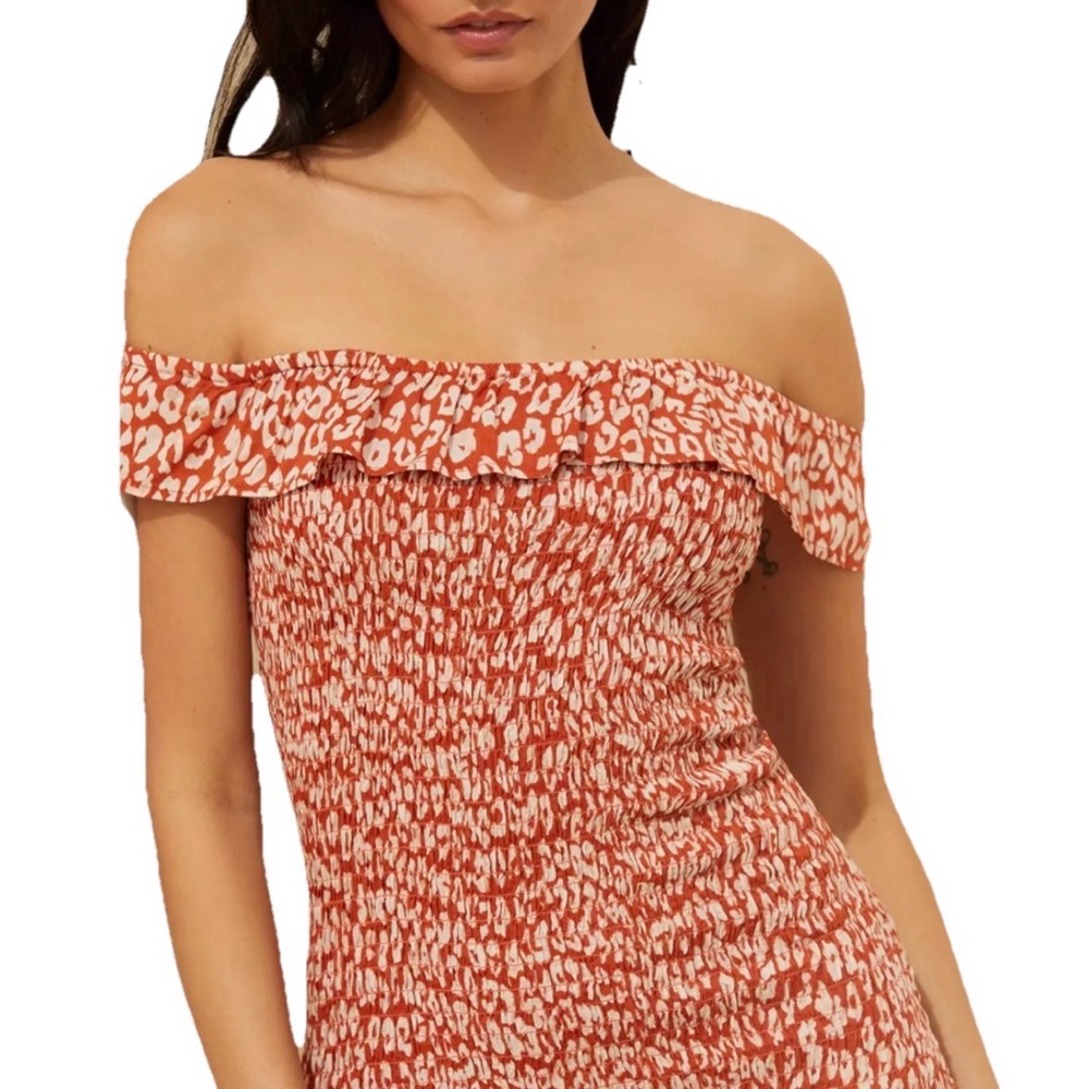 Anthropologie Celandine Off The Shoulder Smocked‎ Midi Dress Burnt Orange Medium